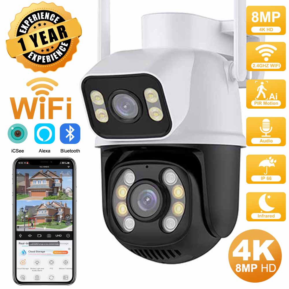 屋外ワイヤレスセキュリティ IP カメラ 4K 8MP HD デュアルレンズ外部 Wifi PTZ カメラ自動追跡街頭監視カメラ iCsee