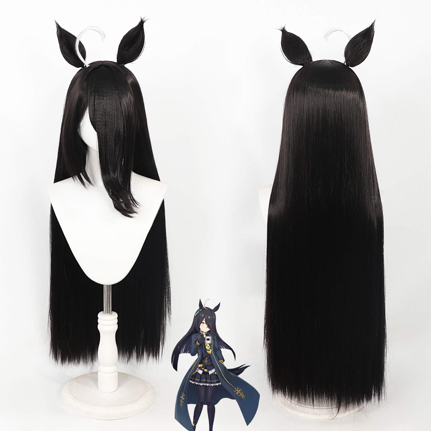 ウマ娘 マンハッタンカフェ 黒 人工毛 コスプレウィッグ 耳付き ハロウィン用 ヘアアクセサリー コスプレ用