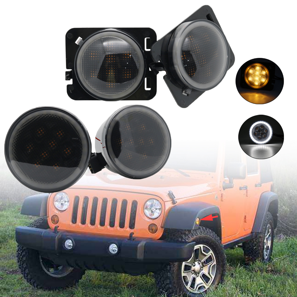 ジープラングラー JK 2007 から 2011-2017 フロント LED ターンシグナルライトアセンブリホワイトハロースモークレンズ自動車信号灯