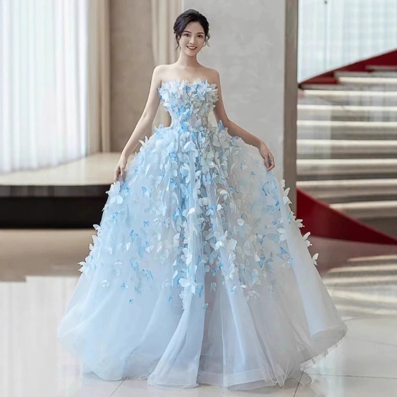 エレガントな卒業ドレス女性のためのブルー 3D 花のウェディングドレス床の長さの Vestidos D Festea フォーマルパーティードレス