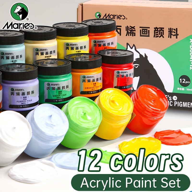 Marie's 12 色アクリル絵の具セット、50ml/1.69oz ボトル入り、壁、木、磁器、DIY、ガラス、キャンバス、アーティストや大人用