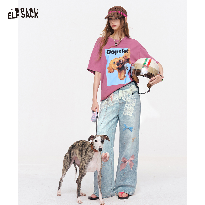ELFSACK レディース Y2K ワイドレッグジーンズ レースリボン付き シーシェルプリントデニムパンツ ルーズフィット ハイウエスト ストリートウェア 夏用