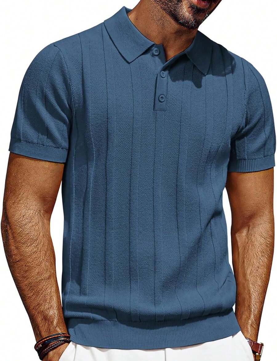 Mens Short Sleeve Textured Knit Shirt Ribbed Casual Golf Top