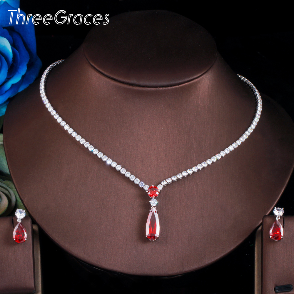 ThreeGraces 2021 ファッション水滴形状レッド CZ クリスタルブラブライヤリングネックレスセット女性パーティーアクセサリージュエリー TZ603