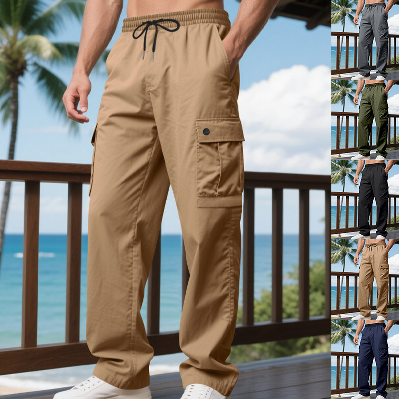 メンズワイドレッグカーゴパンツ弾性巾着マルチポケット薄型軽量夏カジュアルアウトドアストレートデイリーウォーキングパンツ