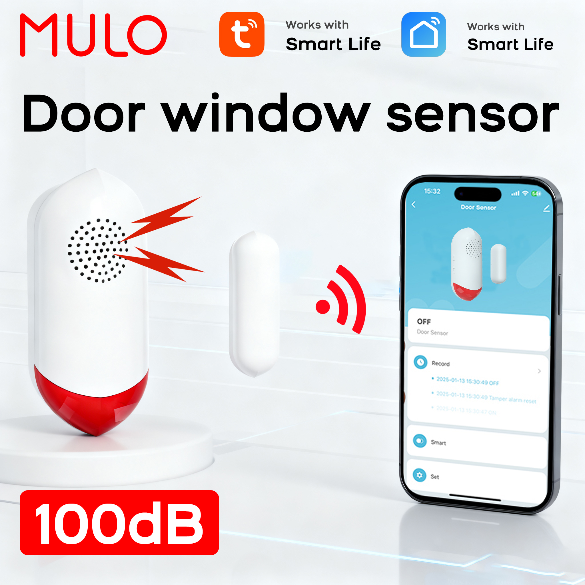 TuyaWiFiスマートホームドア窓アラームセンサー100dB大音量サイレン音光アラートスマートライフアプリワイヤレスセキュリティ保護