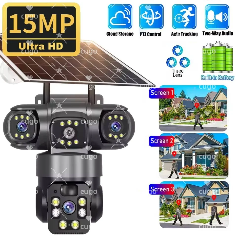 15MP 8K Wifi IP カメラソーラー屋外防水 3 レンズカメラ HD 低電力バッテリー PIR ナイトビジョン CCTV セキュリティカム