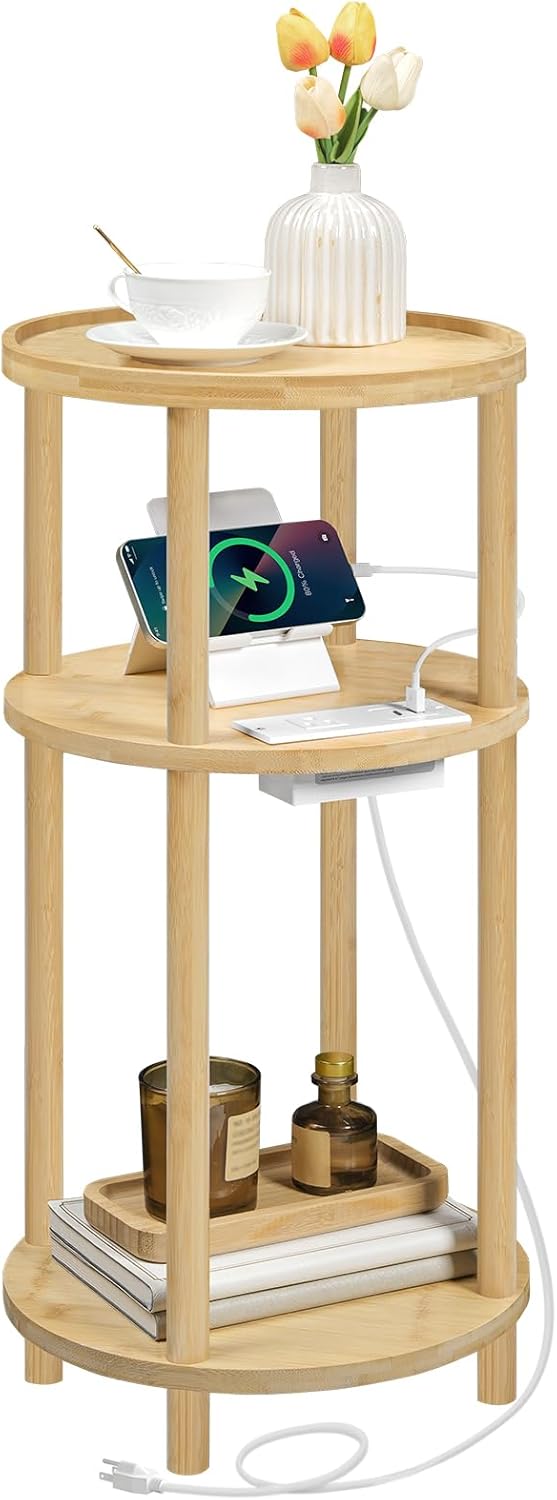 3段丸型竹エンドテーブル 充電ステーション付き コンパクトサイドテーブル リビングルーム 寝室 アパート用 組み立て簡単