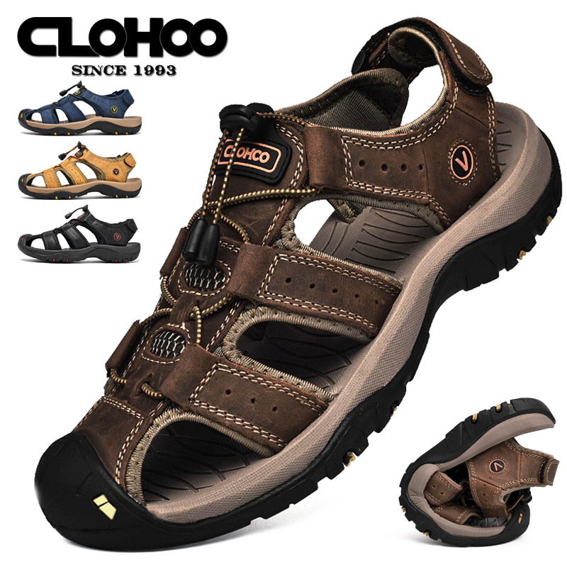 CLOHOO メンズ サンダル ハンドメイド 厚底 ラバー 通気性 カジュアル スリッポン ビーチシューズ レザー アップグレードバージョン