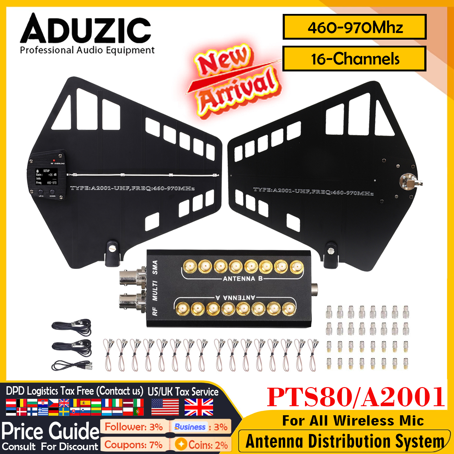 ADUZIC PTS80 A2001 アクティブアンテナディストリビュータ RF ディストリビュータ 16 チャンネルコンバイナマイクワイヤレスプロオーディオ機器