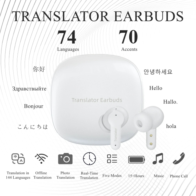 ワイヤレスインスタント音声翻訳イヤホン 144 言語 Bluetooth ヘッドフォン充電ケース リアルタイム同時翻訳