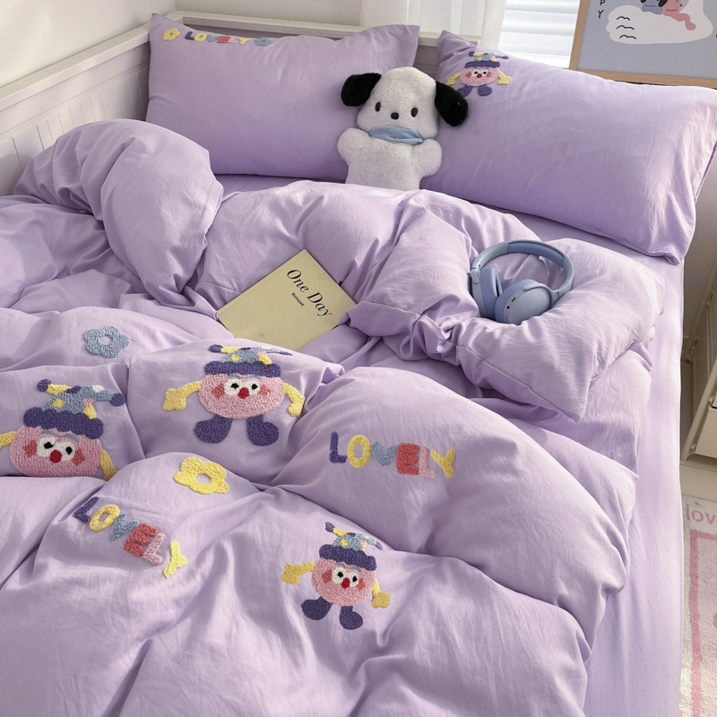パープル洗濯寝具セットタオル刺繍小さな人形4点セット寮段ボール布団カバーキルト布団セット