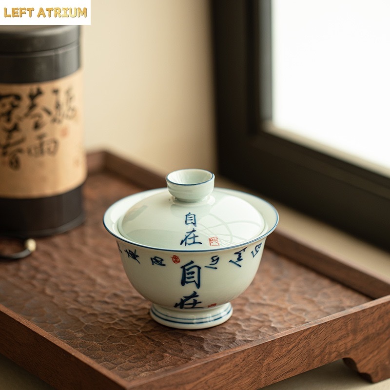 景徳鎮古代緑釉手描き詩とテキスト茶碗梁才インゴットカバーボウルセラミックティーセットカンフー茶碗