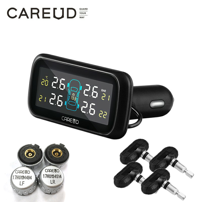 TPMS 自動車ワイヤレスタイヤ空気圧監視システム 4 つの内部/外部センサー付き LCD ディスプレイモニターシガーライター