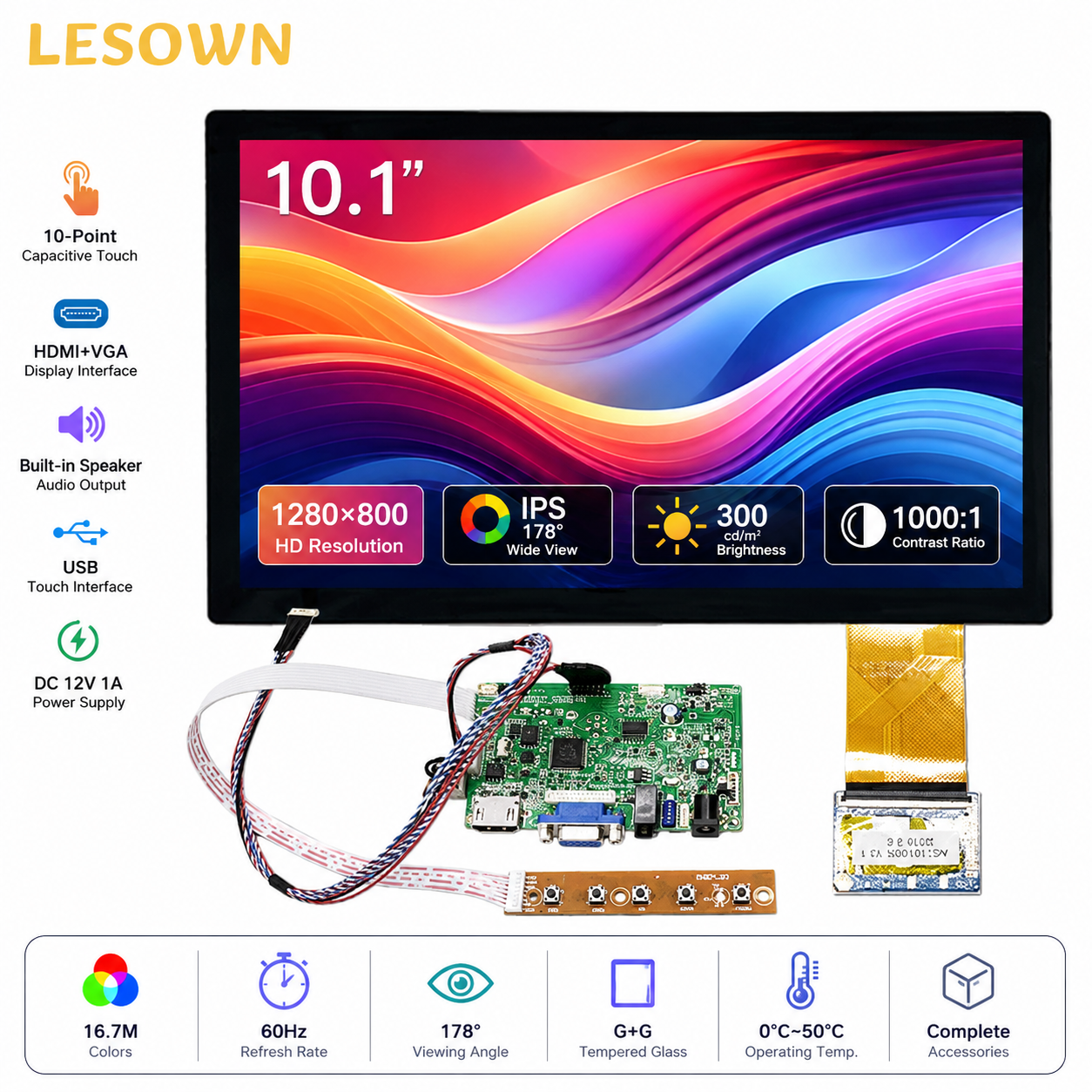 LESOWN 10.1 インチ GG タッチスクリーン アセンブリ 工業用グレード モニター Táctil 1000:1 コントラスト 電源アダプター付き