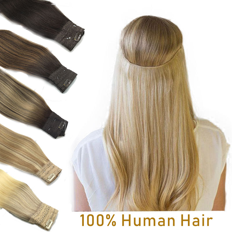 ワイヤーインヘアエクステンション人毛ストレートフィッシュラインナチュラルフュージョンヘアエクステンションクリップ付き横糸ヘアエクステンション女性用