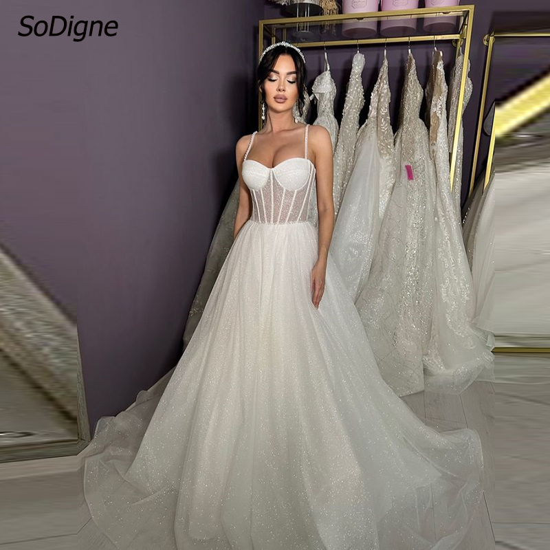SoDigne グリッター A ラインのウェディングドレス恋人スパゲッティストラップ花嫁ドレスロングブライダルドレス Vestido De Noiva カスタマイズ