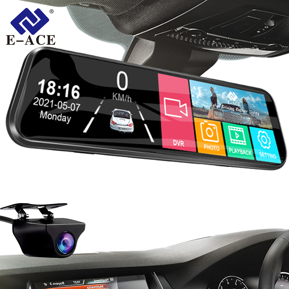E-ACE 10 インチ車 DVR ミラービデオレコーダー 1080P タッチスクリーンダッシュカム車 AHD レンズストリーミングドライブレコーダーダッシュカメラ
