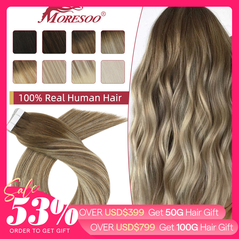 Moresoo ブロンドテープヘアエクステンション人毛ナチュラルストレートシームレス目に見えないテープレミーブラジリアンヘア美容用