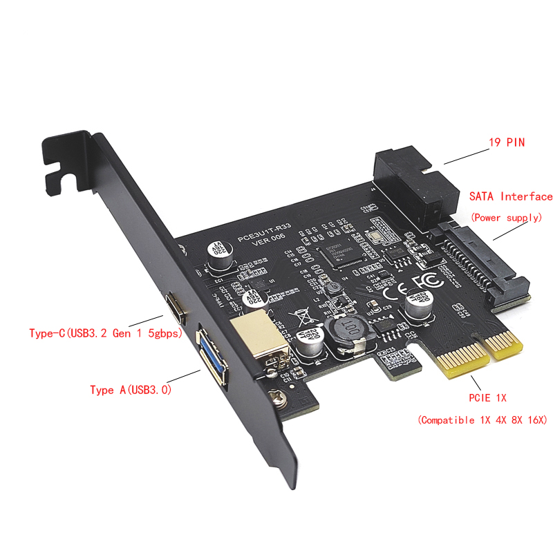 アドオンカード USB 3.1 Type C PCIe拡張カード PCI Express X1 - USB3.0 + Type-C 19ピンアダプター PCIEライザーカード（デスクトップ用）