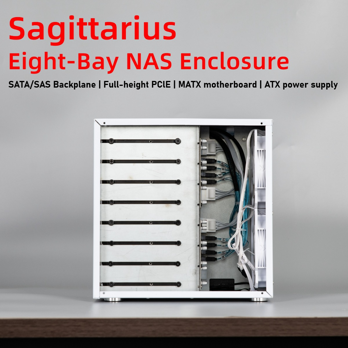 VBNM Sagittarius 8 ベイ NAS コンピュータ シャーシ、ATX 電源、MATX マザーボード、フルハイト PCIE、21.8L 付き