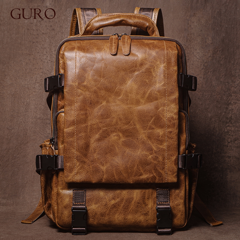 GURO メンズ本革バックパックトップ牛革アウトドアトラベルバッグ高級トレンディ学生スクールバッグビジネスラップトップコンピュータバッグ