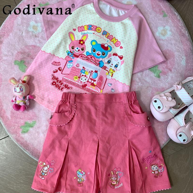 オリジナル日本のかわいい少女漫画刺繍スカートセット夏の新しい娘かわいい服 Tシャツデニムスカート 2 点セット