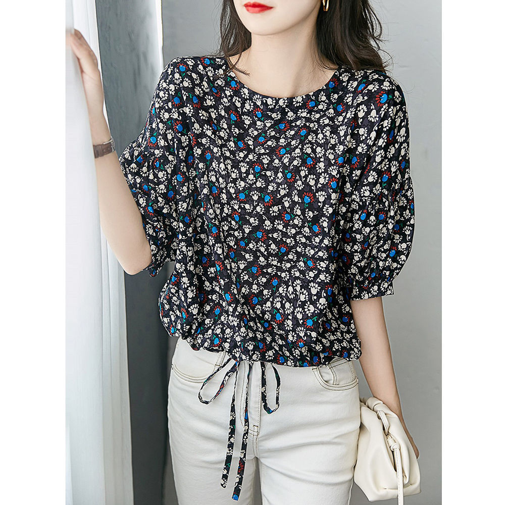 シフォンブラウス、レディース中袖夏婦人服、韓国風プリントミニブラウス、ゆったりコウモリ袖お腹カバーT