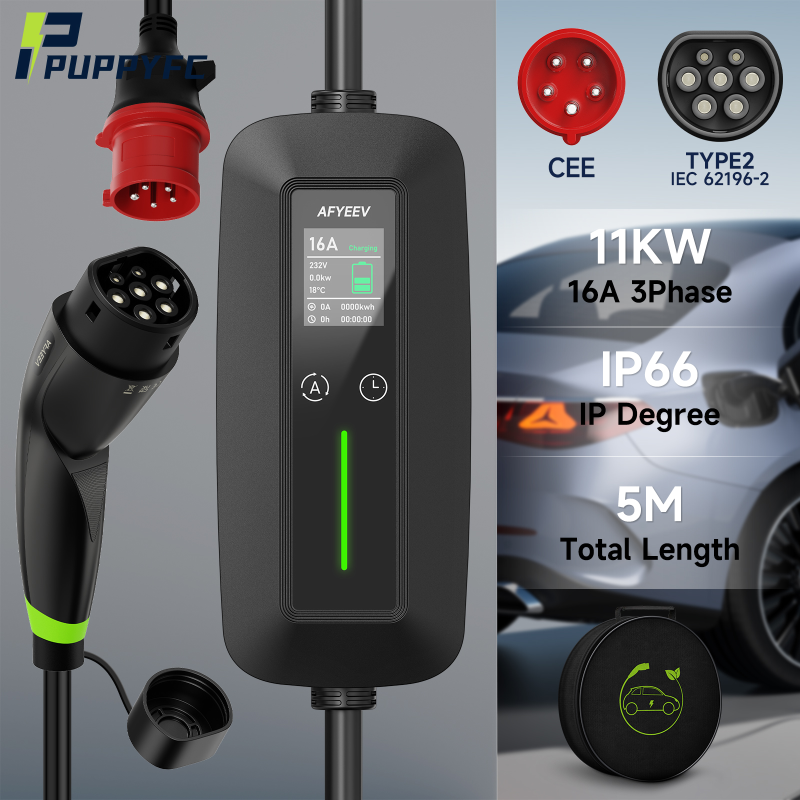 Puppyfc 11KW EV 充電器ポータブルケーブル Type2 IEC62196-2 GBT 電気自動車ウォールボックス高速 16A 充電ステーション CEE プラグ