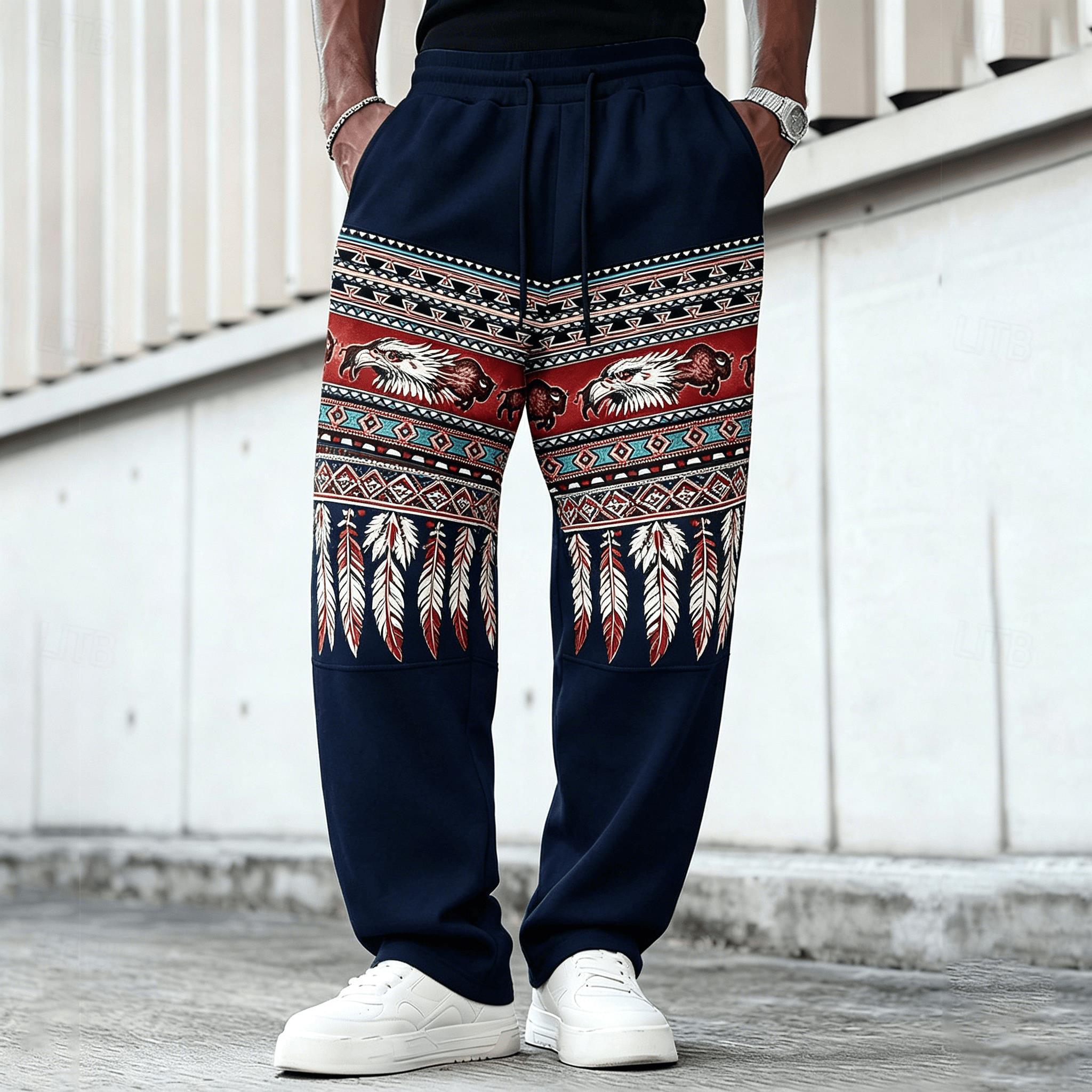 Men's Tribal Eagle Print Drawstring Pants, Ethnic Native Style Casual Trousers for Spring & Summe