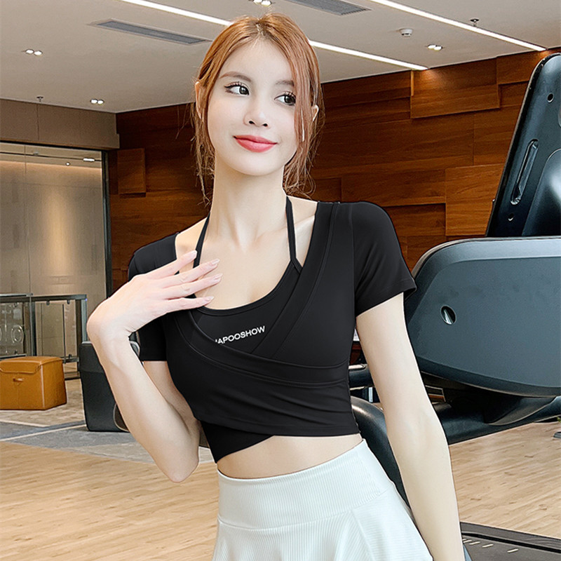 スポーツランニングヨガ服 胸パッド付き 細いストラップ 首掛けスタイル 半袖ショースリム へそクロスショートトップ
