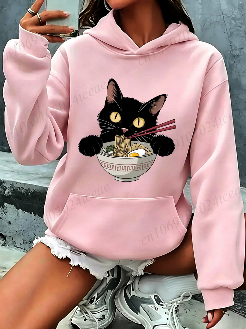 ラーメン猫プリントパーカーかわいい漫画女性スウェット秋冬ソフトで快適なフード付き服ヒップホップストリート