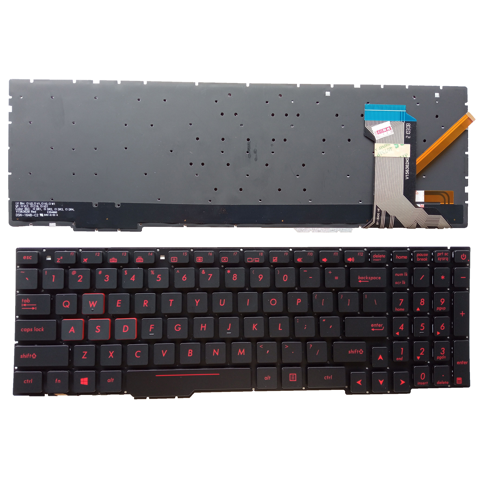 ASUS ZX53V GL553V FX553V FX53V FX53VE v156362ak1用USノートパソコンキーボード（ポインティングデバイスなし、バックライト付き、赤色）