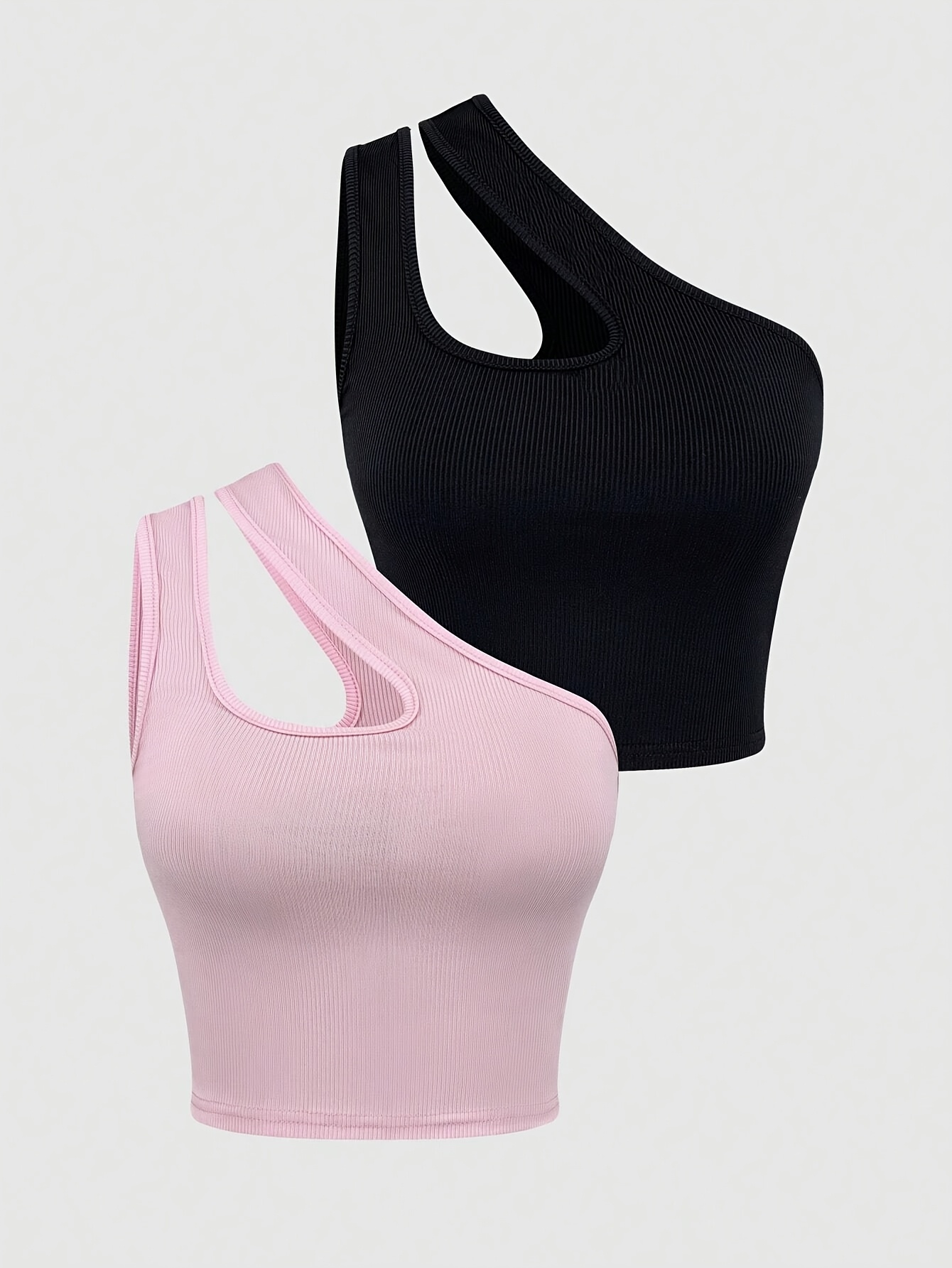 ピンクと黒のツーピースセット、ファッショナブルな不規則なオフショルダーネックラインデザイン、女性用の多用途ベスト
