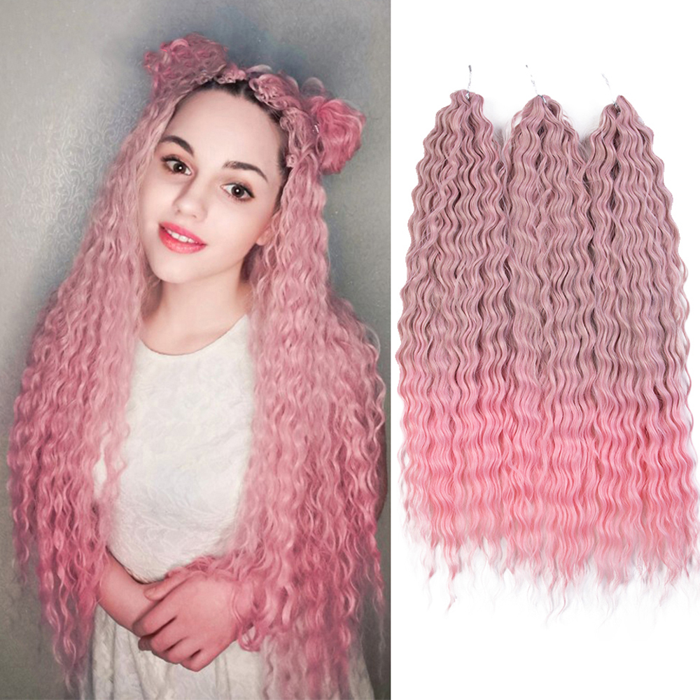 アリエルカールヘアウォーターウェーブツイストかぎ針編みヘア合成三つ編みヘアオンブルブロンドピンク 24 インチディープウェーブ編みヘアエクステンション