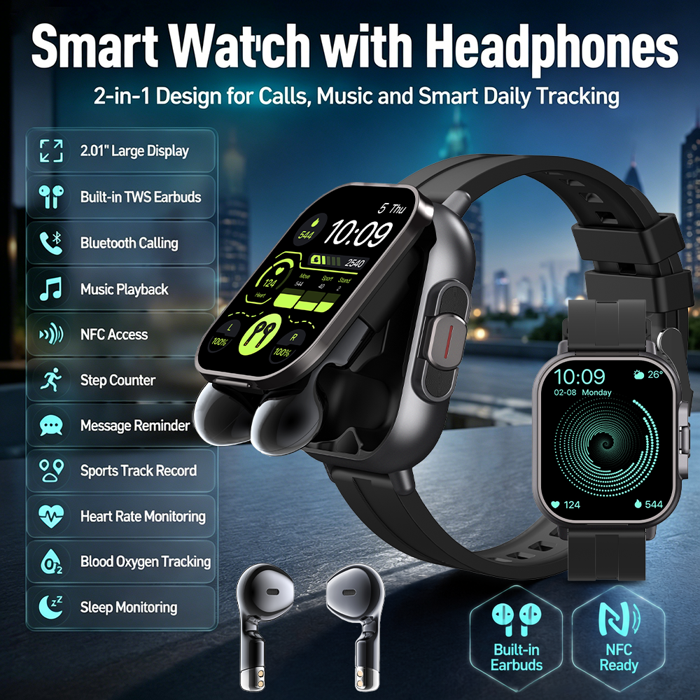 新しい NFC スマートウォッチ男性 TWS 2in1 スマートウォッチイヤフォン心拍数モニター Bluetooth 通話音楽ワイヤレスイヤホンスポーツ時計