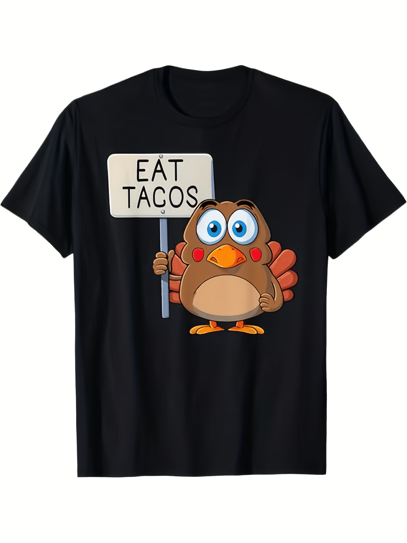 メンズ カジュアル ブラック T シャツ 遊び心のあるトルコのグラフィック付き - EAT TACOS サイン、半袖、ラウンドネック、軽量