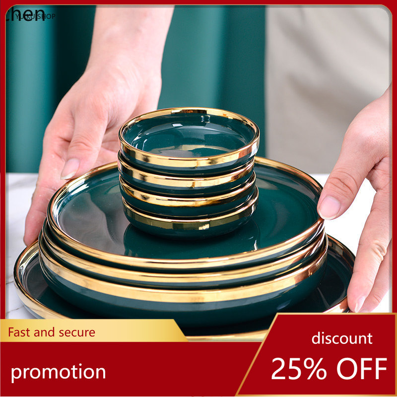 HXL Gold-Edged Green Porcelain Plate Salad Soup Bowl Ceramic Plate and Bowl Dinnerware Set
