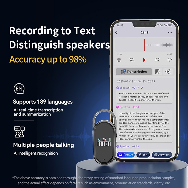 AI音声レコーダー、リアルタイム文字起こしと翻訳機能付きディクタフォン、講義や会議用の音声録音ノイズ低減機能