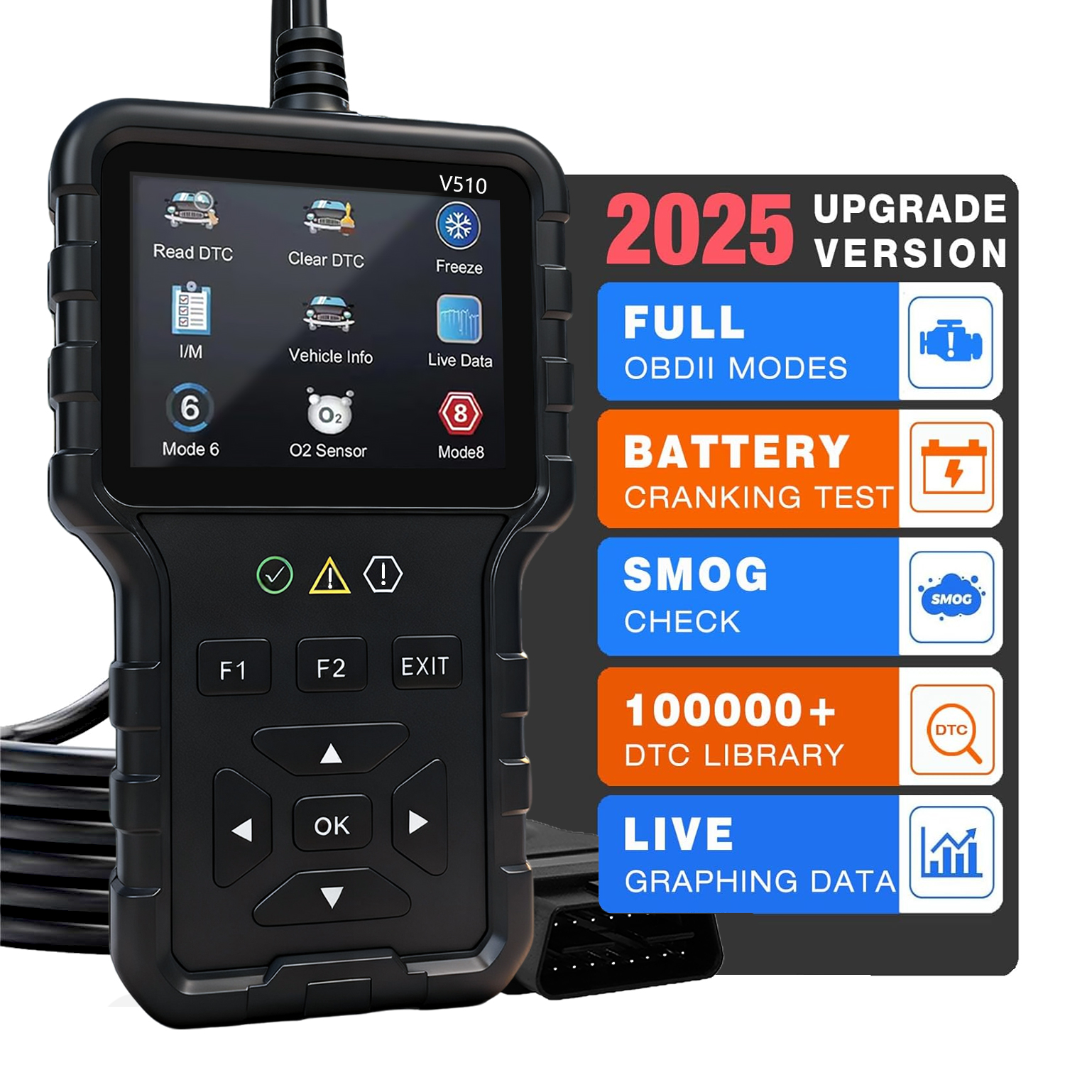 2025年新モデル、8言語対応、プロフェッショナルObd2車診断ツール、メーカー直販、V510プロフェッショナルコードリーダーおよびスキャンツール、障害コードをクリア、リアルタイムデータストリーム、Enhan
