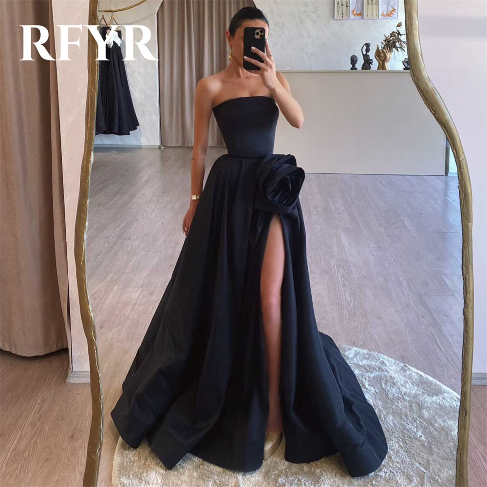 RFYR シンプルな黒の A ラインフォーマルドレスステインプリーツスプリットパーティードレス結婚式のためのストラップレス特別な日のドレスカスタマイズ