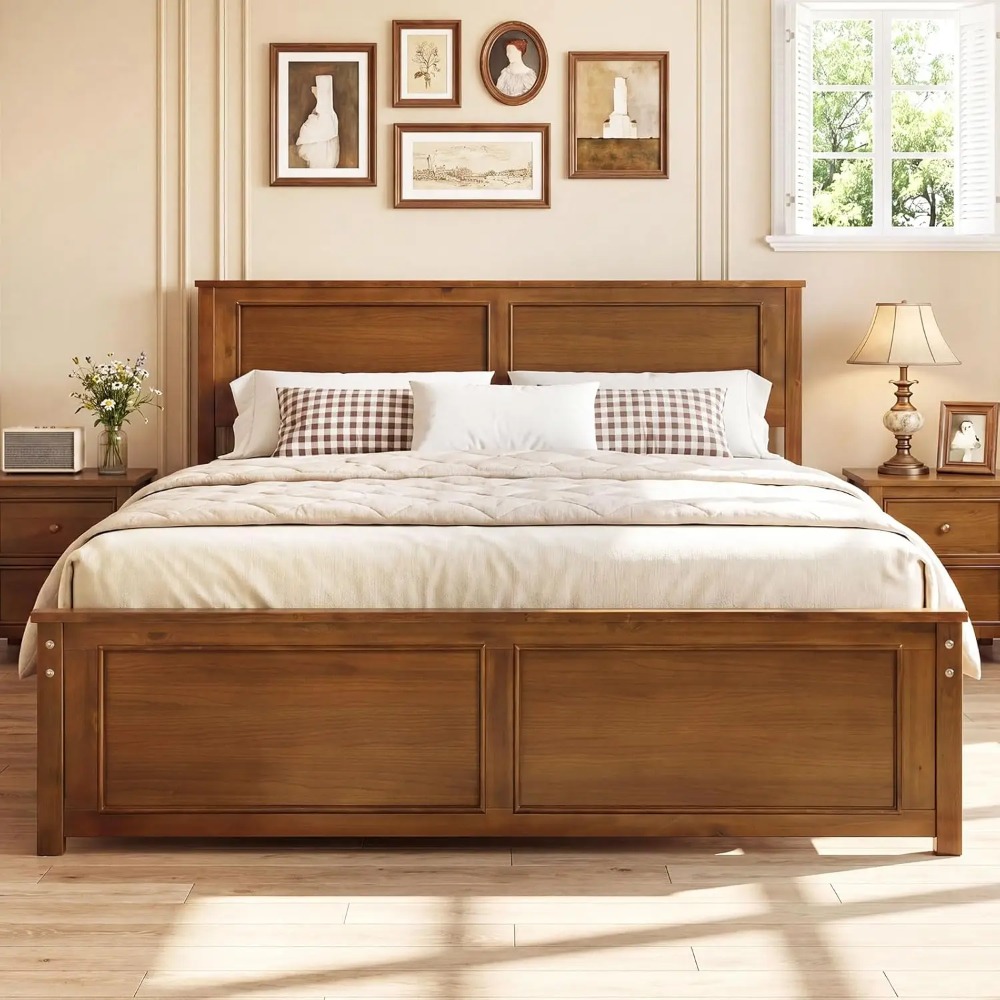 Wood Queen Size Bed Frame with Headboard, Farmhouse Solid Platform Bed w/Wooden Slat Support Mattress Foundation,, Customized