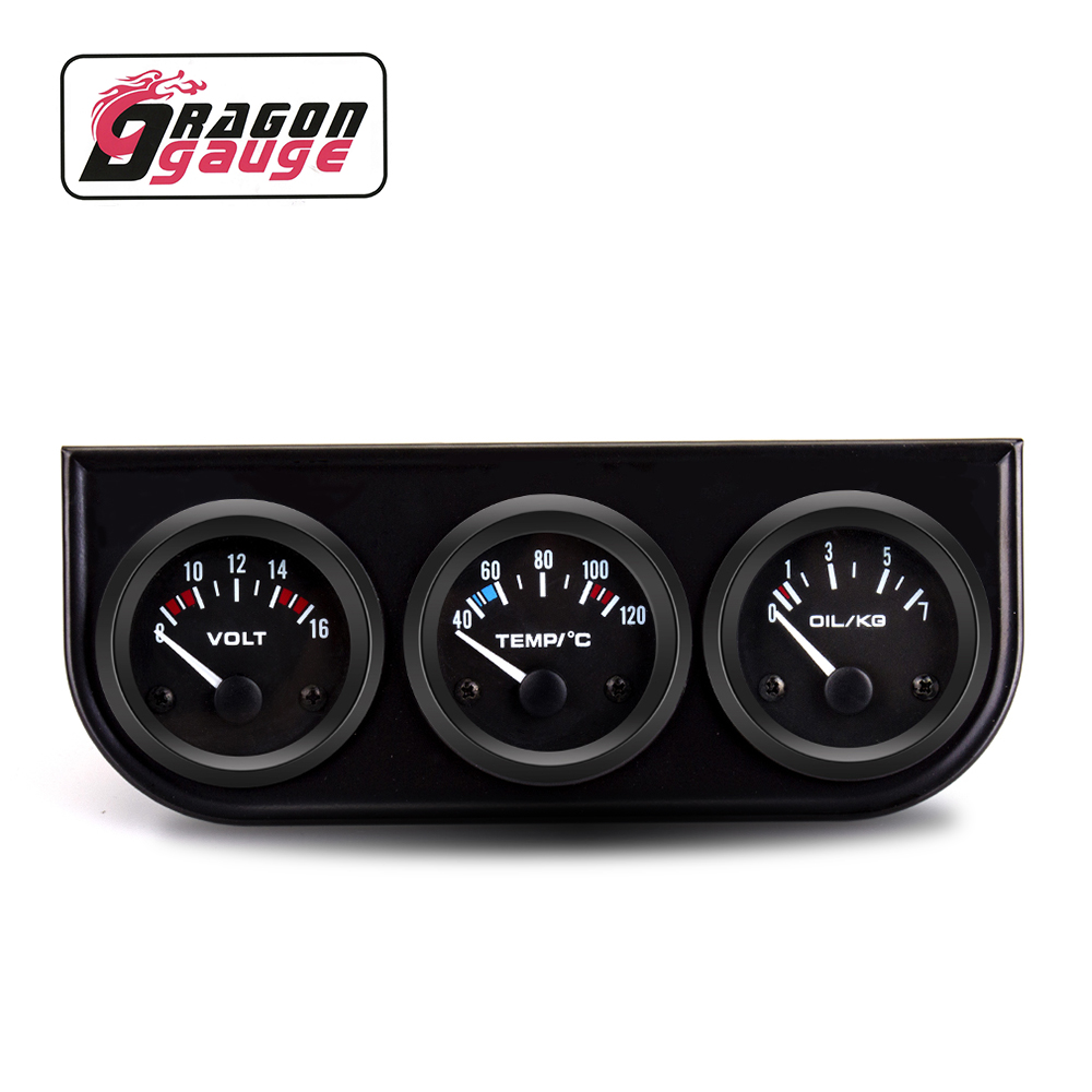 「ドラゴン」 52mm トリプルゲージキット 水温計/油圧計/電圧計 センサー付き 12V カーオートレーシングゲージ用