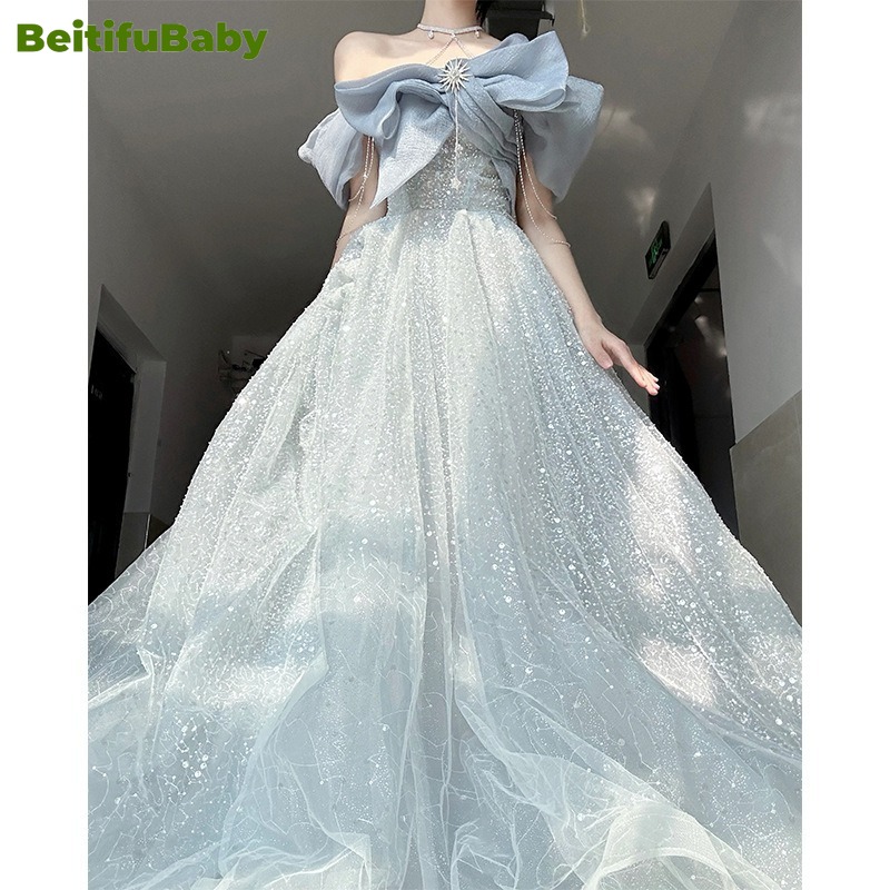 BeitifuBaby イブニングドレス女性のためのエレガントなヴィンテージプリンセススタイルの高級オフショルダーノースリーブバンケットガウン大人のドレス