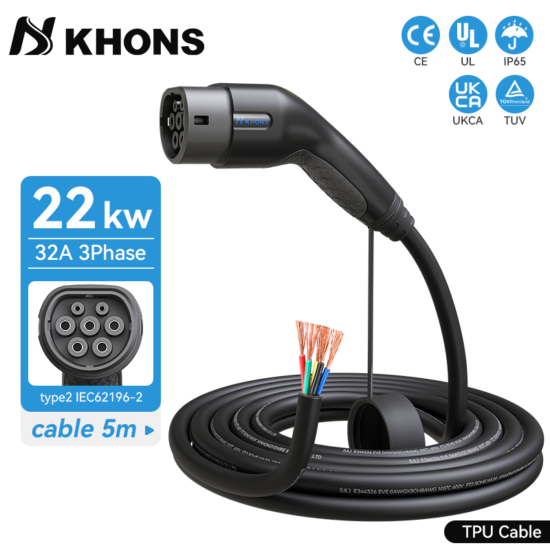 Khons EV 充電器 Type2 女性車側 5 メートルケーブル 32A 22KW 車の充電ステーション 3 相 11KW 22KW IEC62196-2 電気自動車用