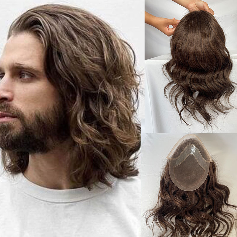 ヘアカーリー交換システム男性のための 12 インチロングかつらファインモノラルレース男性かつら 8 × 10 ルースウェーブかつら男性のためのダークブラウン