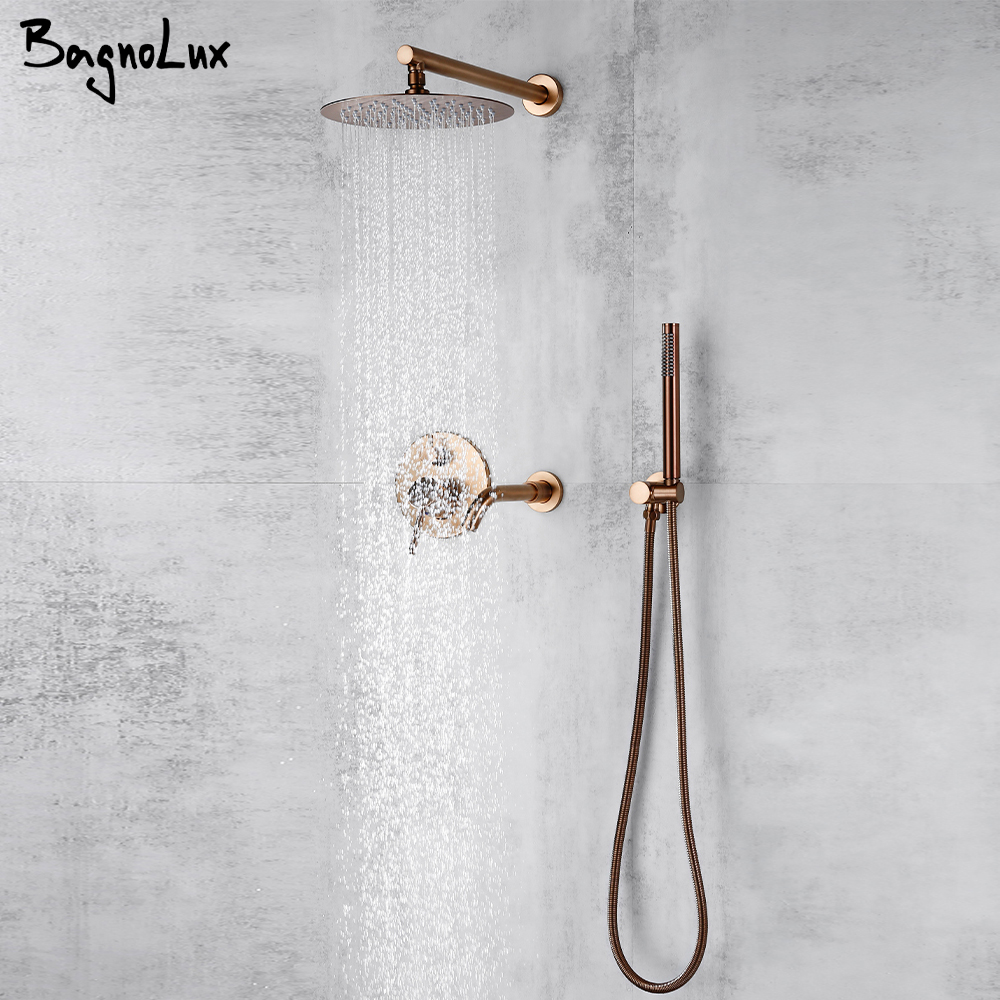 Bagnolux ブラッシュローズゴールド真鍮温水冷水隠蔽降雨ヘッドシングルハンドルミキサー浴室のタップ浴槽シャワー蛇口