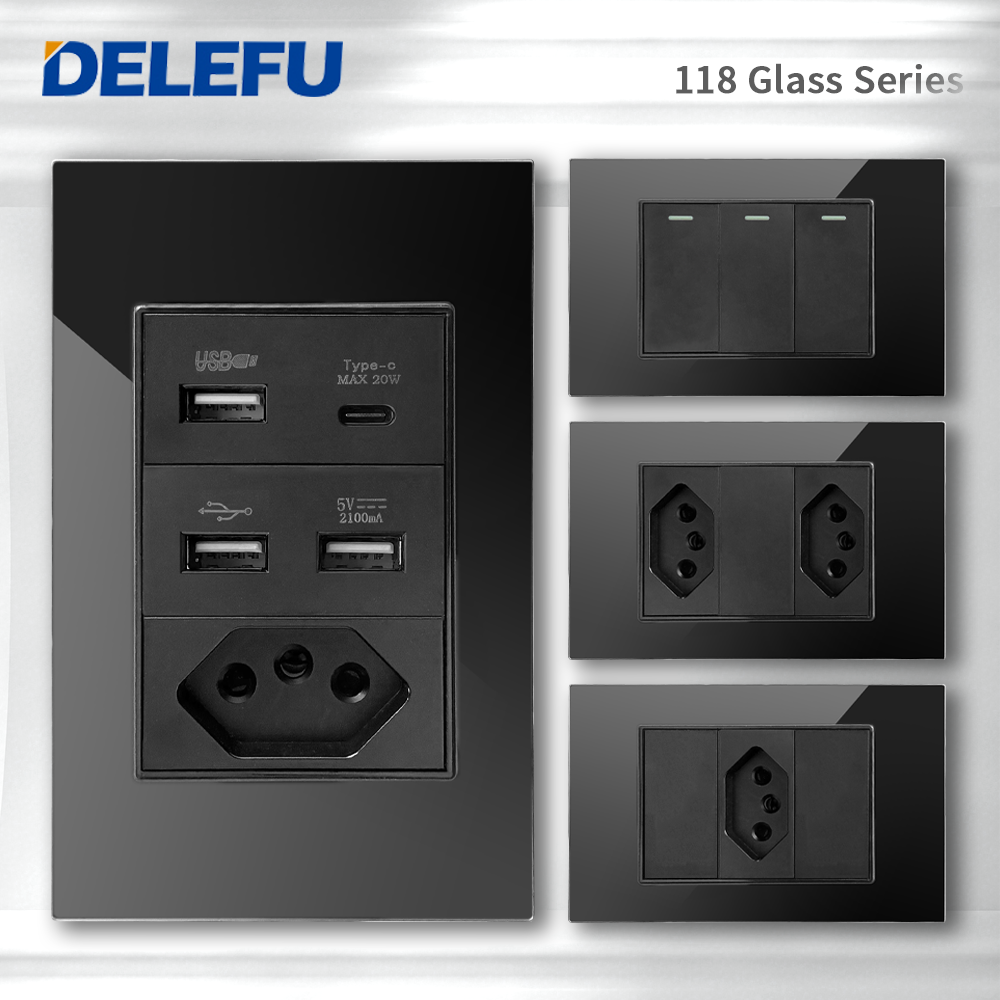 DELEFU 4*2 黒強化ガラスブラジル標準コンセントデュアル Usb タイプ C 壁ソケットライトスイッチスイス 10A 20A