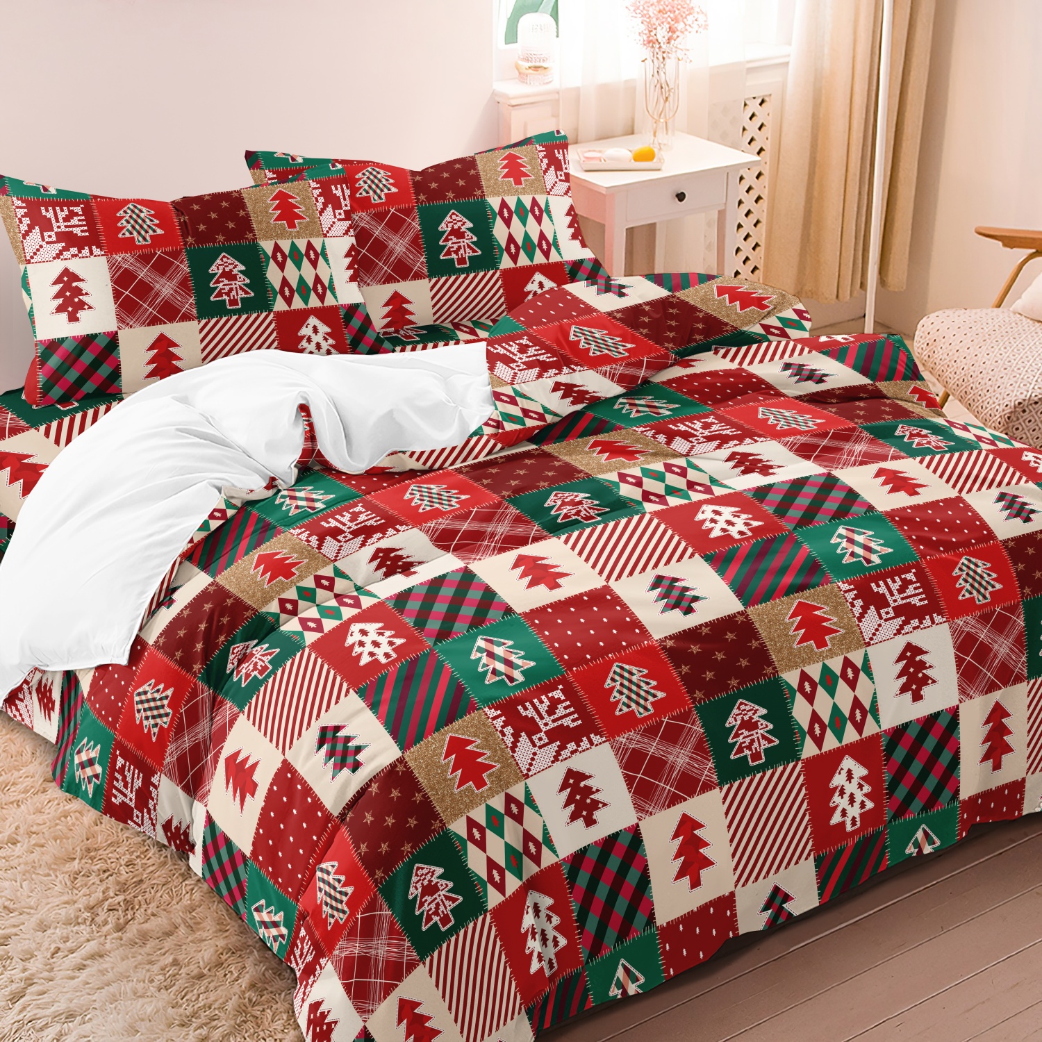 [クリスマスギフト] レッドグリッドクリスマスツリー/鹿/スノーフレークパターンプリント掛け布団カバー3枚セット (掛け布団カバー1枚)