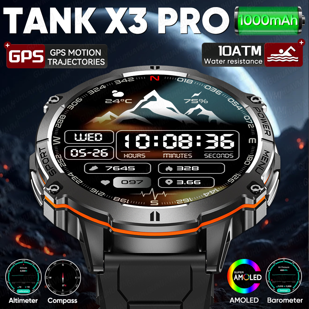 2026 新しい軍事タンク X3 1000mAh バッテリースマートウォッチメンズ 10ATM 防水水泳 GPS パス 1.75 "AMOLED HD 通話スポーツスマートウォッチ